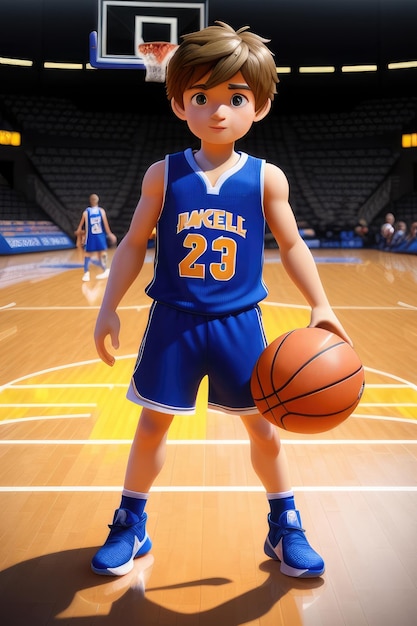 3dcute joven jugador de baloncesto en el fondo del estadio IA generativa