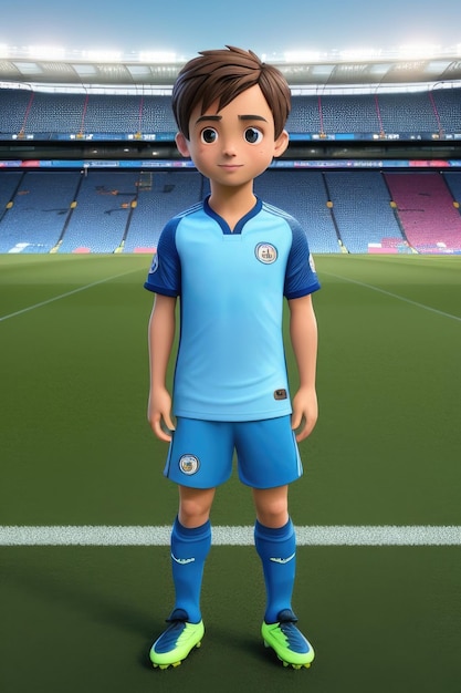 3dcute joven jugador de fútbol en el fondo del estadio IA generativa