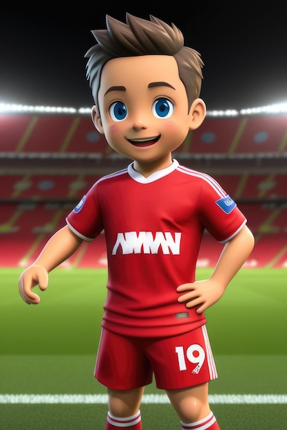 3dcute joven jugador de fútbol en el fondo del estadio IA generativa