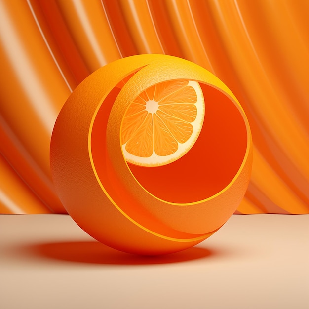 Foto 3dn representó una naranja entera con su cáscara de naranja brillante en un fondo abstracto