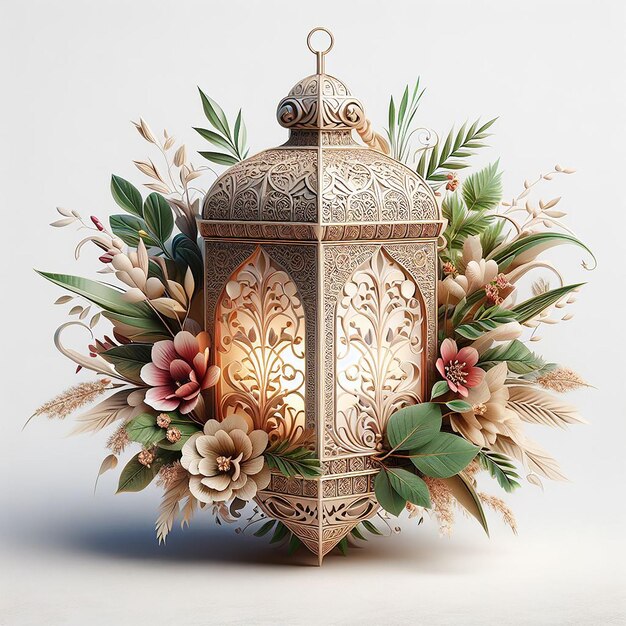 3DRendered Lantern incrustado con diseño floral que combina elementos naturales con el Ramadán tradicional