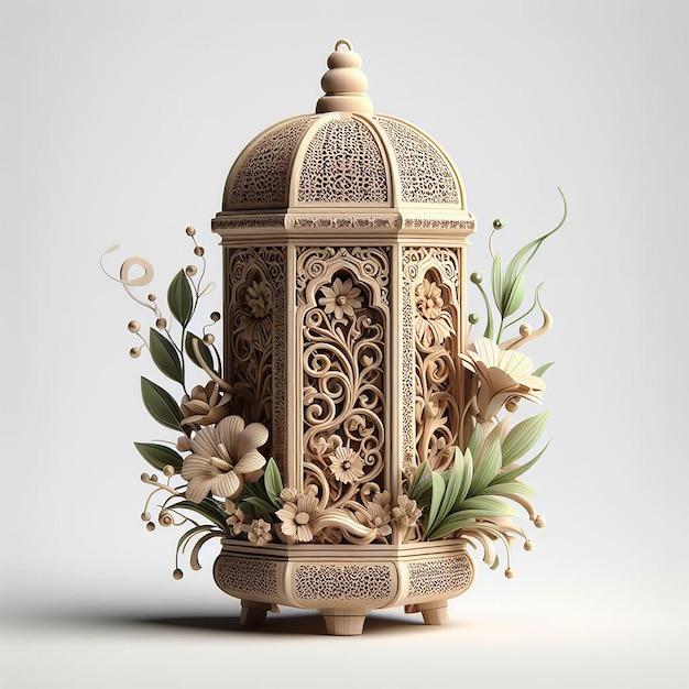 3DRendered Lantern incrustado con diseño floral que combina elementos naturales con el Ramadán tradicional