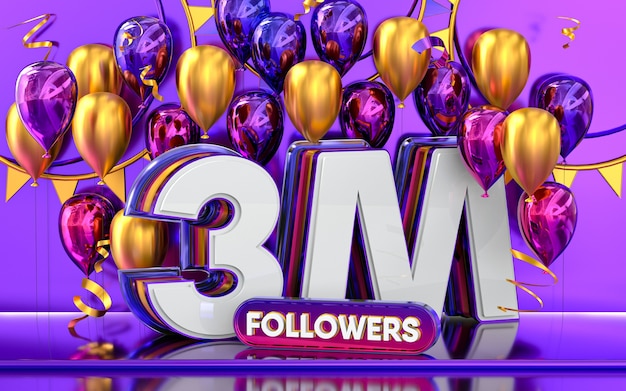 3m-Follower-Feier danke Social-Media-Banner mit lila und goldenem Ballon 3D-Rendering