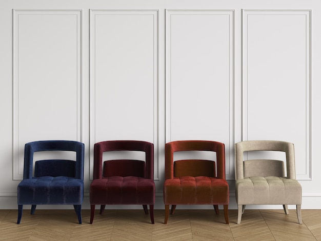 4 cores diferentes da cadeira no interior clássico com espaço da cópia. paredes brancas com molduras. espinha de peixe em parquet. renderização em 3d
