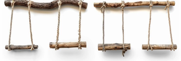 Foto 4 diferentes columpios de cuerda de ramas de árboles rústicos de madera aislados sobre un fondo blanco en el estilo de un artista desconocido
