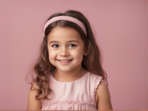 4 Jahre altes kleines Mädchen in hellrosa Kleidung vor pastellfarbenem Hintergrund