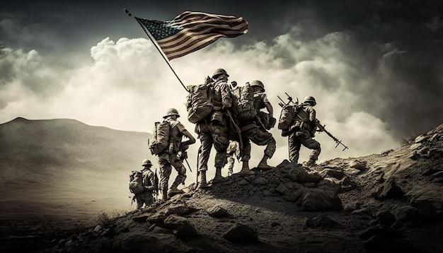 4 de julio ilustración del ejército de EE. UU. Sosteniendo su bandera Generativo ai