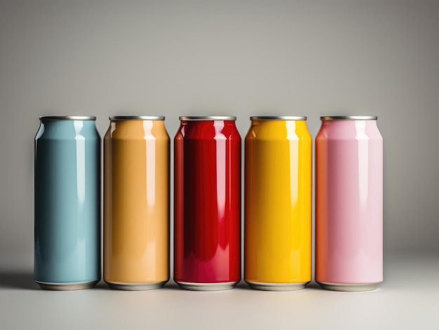 4 latas altas de cerveza sin marcar en diferentes colores de fondo brillante