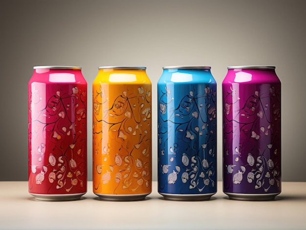 4 latas altas de cerveza sin marcar en diferentes colores de fondo brillante