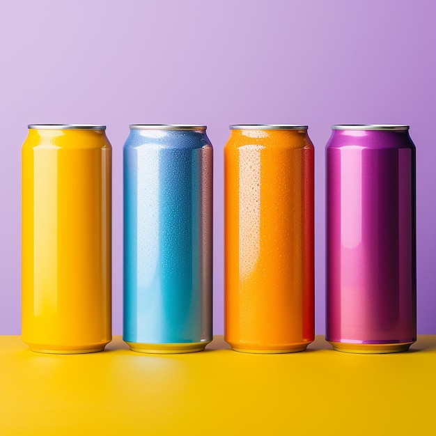 4 latas altas de cerveja não marcada em diferentes cores brilhantes de fundo