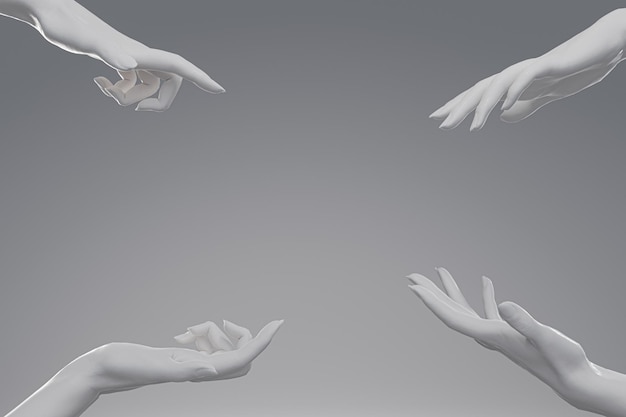 4 mãos de mármore branco com gestos diferentes apontando no espaço em branco no fundo branco Fundo perfeito para o seu produto de moda cosméticos ou renderização em 3D de joias