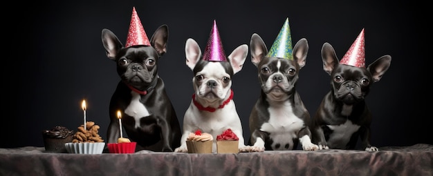 Foto 4 perros con sombreros de fiesta de cumpleaños