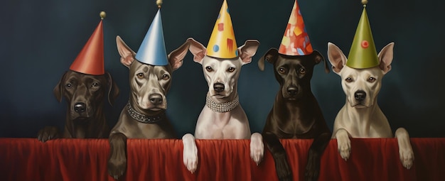 4 perros con sombreros de fiesta de cumpleaños