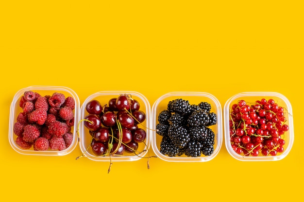 4 platos de plástico, recipientes con frambuesa, mora, grosella roja y cereza