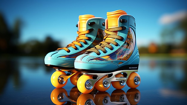 4-Rad-Skating-Schuhe Rollschuh-Schuhe isoliert auf blauem Hintergrund, Nahaufnahme