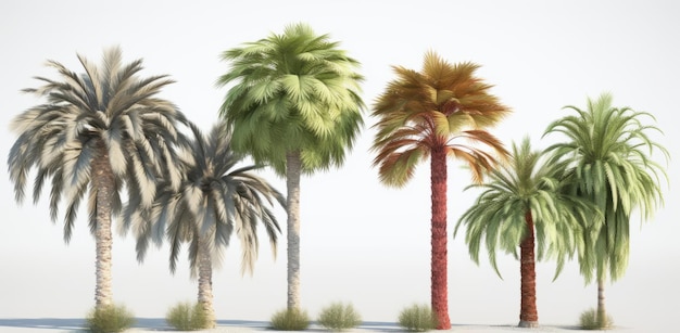 4 variedades de palmeras belleza natural sobre fondo blanco.