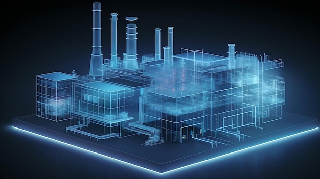 40 concepto de industria con un holograma de edificio de fábrica inteligente sobre un fondo oscuro
