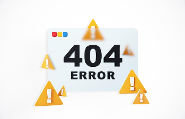 404 Fehlerseite mit gelben Warnsignalen auf weißem Hintergrund 3D-Rendering