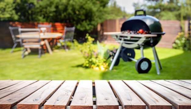 416_Hora de verano en el jardín trasero con parrilla barbacoa mesa de madera fondo borroso