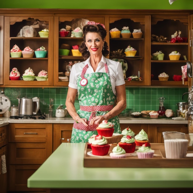 43-jährige Pin-up-Frau, sehr fit und mit Schürze in ihrer Küche, umgeben von ihren Cupcakes
