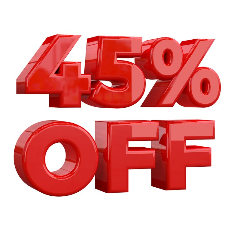 45% de desconto em fundo branco, oferta especial, grande oferta, venda. quarenta e cinco por cento de desconto promocional