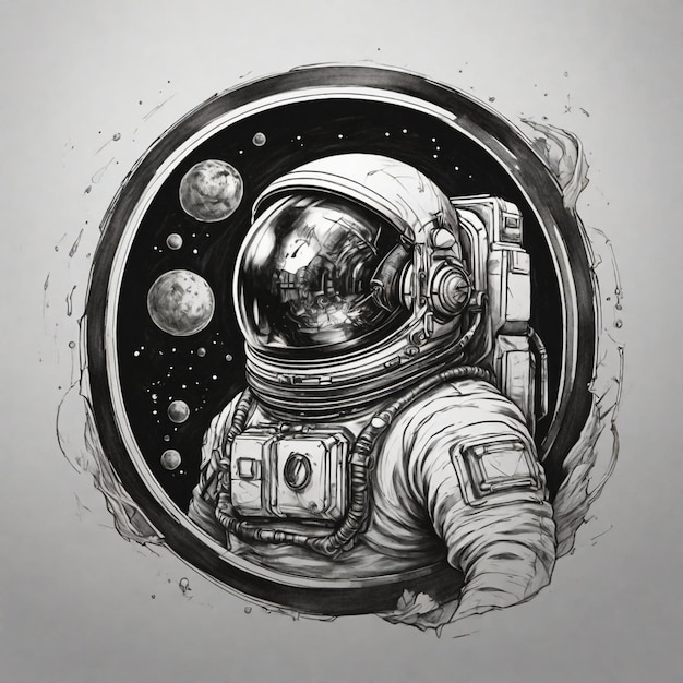 Foto 4k cosmonaut-logo in einem skizze-stil in bleistift machen sie den logo-kreis mit einem raumfahrer in der mitte