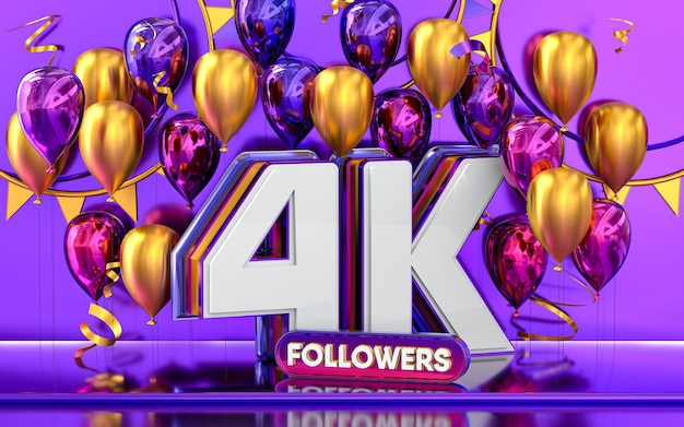 4k-follower-feier danke social-media-banner mit lila und goldenem ballon 3d-rendering