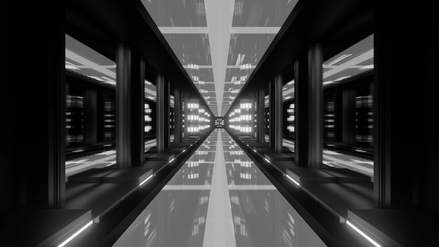 4K UHD 3D-Darstellung des Schwarz-Weiß-Korridors mit geometrischem Ornament, das mit Neonlicht leuchtet