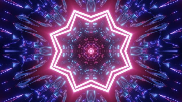 4K UHD ilustração 3D de iluminação em forma de estrela rosa e ornamento abstrato azul brilhando com luz de néon dentro do túnel