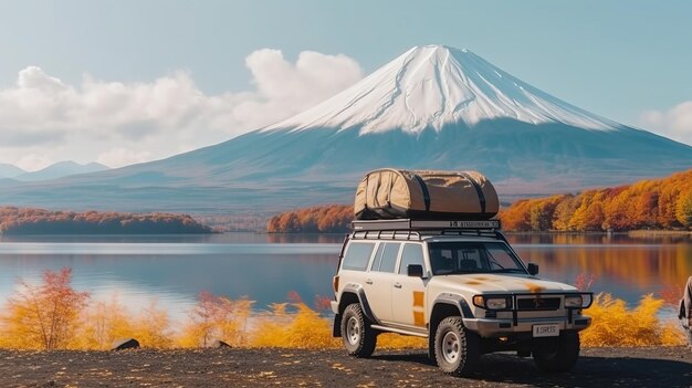 4x4-Auto mit Dachzelt an einem See mit Blick auf den Berg Fuji im Herbst Japan