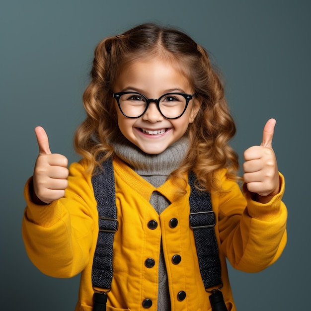 Foto 5-jähriges preppy-mädchen mit brille, isolierter hintergrund, genehmigt, macht eine positive geste mit han