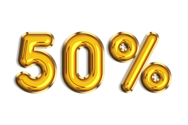 50 de desconto na venda de promoção feita de balões de hélio de ouro 3d realistas Ilustração de símbolos de porcentagem de ouro para vender anúncios de banner de cartaz Números isolados no fundo branco Vista superior