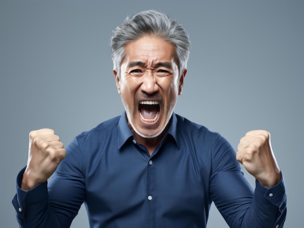 50-jähriger asiatischer Mann emotionale dynamische Pose