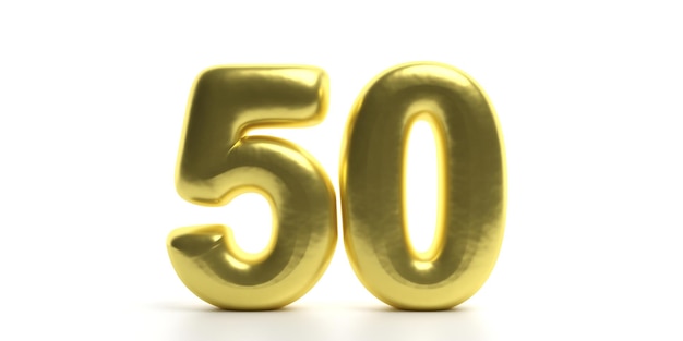 50 Número cincuenta Globo de color dorado y brillante brillante del número 50 aislado sobre fondo blanco ilustración 3d