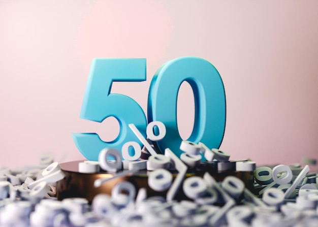 50 números 3d no pódio com vários símbolos percentuais de fundo de cor clara para venda promocional