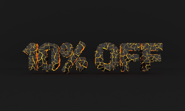 Foto 50 off word signo roto texto 3d negro y amarillo con efecto de lava volcánica agrietada viernes negro