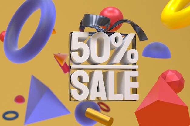 50 Verkauf mit Bogen und Band 3D-Design auf abstraktem Geometriehintergrund