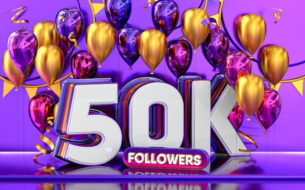 50k-Follower-Feier danke Social-Media-Banner mit lila und goldenem Ballon 3D-Rendering