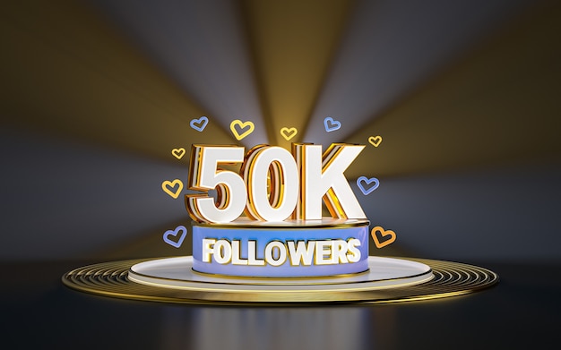 50k seguidores celebração, obrigado banner de mídia social com holofote fundo dourado 3d render