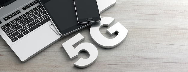 5G Conexión de red de alta velocidad wifi y dispositivos electrónicos sobre fondo de madera ilustración 3d