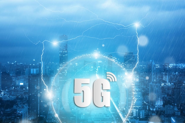 Foto 5g-netzwerk internet mobile smart city und kommunikationsnetzwerk verbinden globale drahtlose geräte