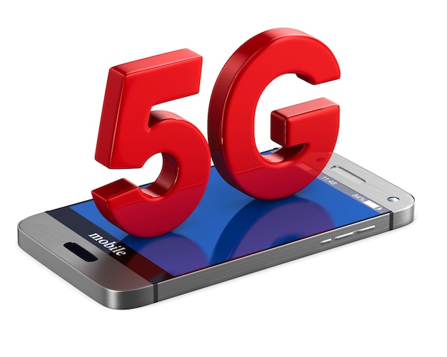 5G-Telefon auf weißem Hintergrund. Isolierte 3D-Darstellung