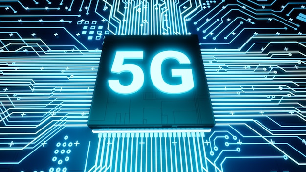 5G-Unterstützungsmikrochip auf der Smartphone-Platine, intelligenter IOT-Kommunikationsmikroprozessor, 3D-Rendering futuristischer schneller Echtzeit-Mobilfunk-Internettechnologie-Konzepthintergrund