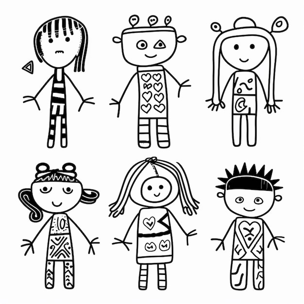 6 bonecos infantis malvados diferentes desenhados à mão combinando fundo branco