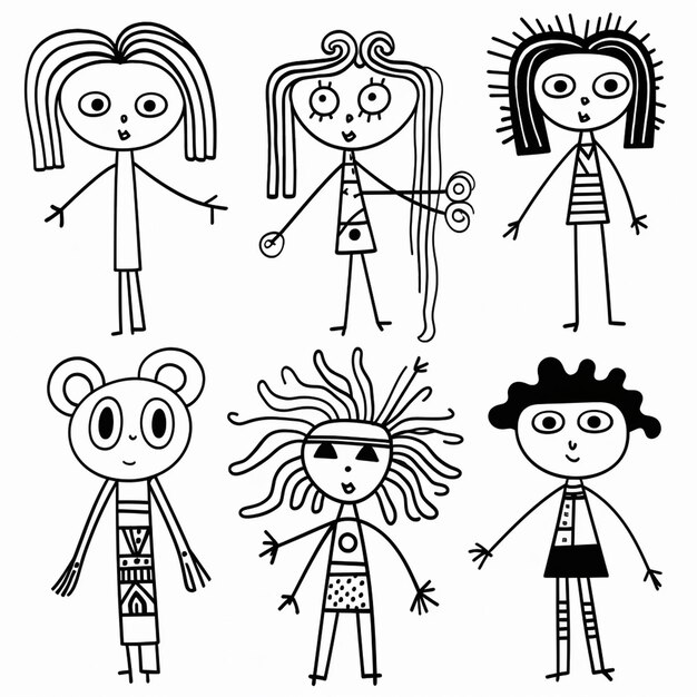 Foto 6 bonecos infantis malvados diferentes desenhados à mão combinando fundo branco