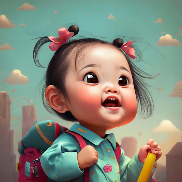 6 ein lächelndes asiatisches Baby-Mädchen und mit einer Schultasche 3D-Rendered-Text sagt Schulbeginn