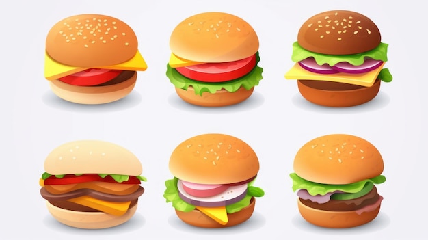 6 lindo paquete de iconos de hamburguesas en fondo blanco minimalista 2d