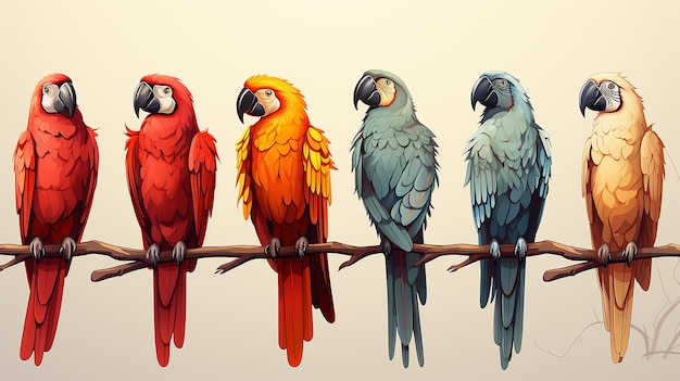 6 Macaws sitzen auf Baumzweigen