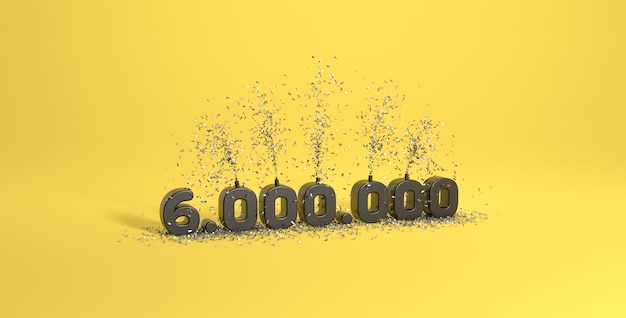 6 Millionen Follower oder Preis 3D-Rendering mit schwarzem Hintergrund