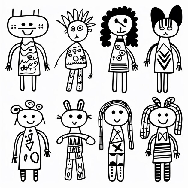 Foto 6 muñecos malvados para niños diferentes si se dibujan a mano combinando fondo blanco